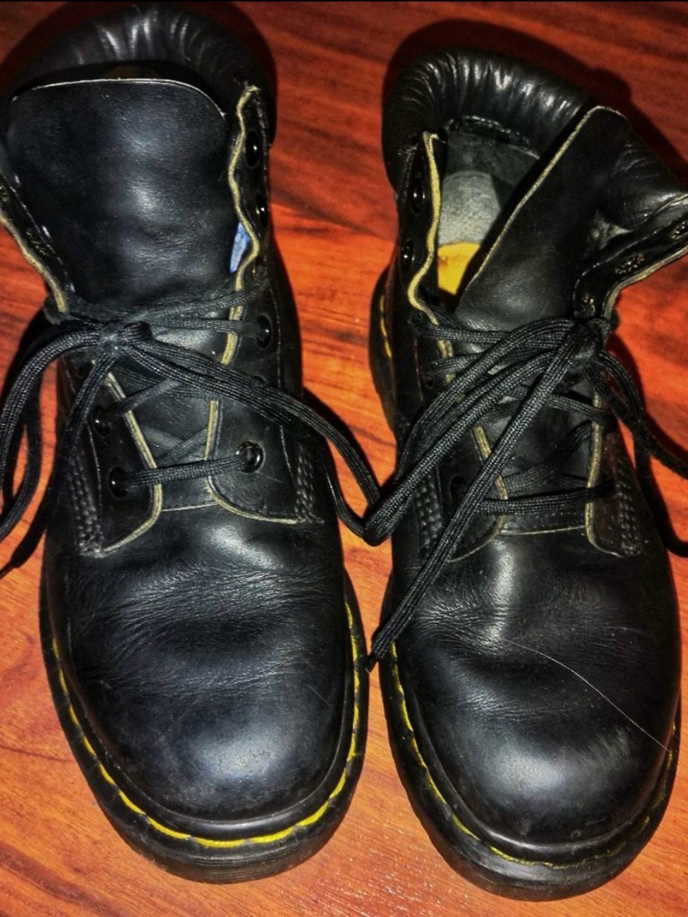 Dr. Martens Black Leather Lace-Up Combat Boots with Yellow Stitching
